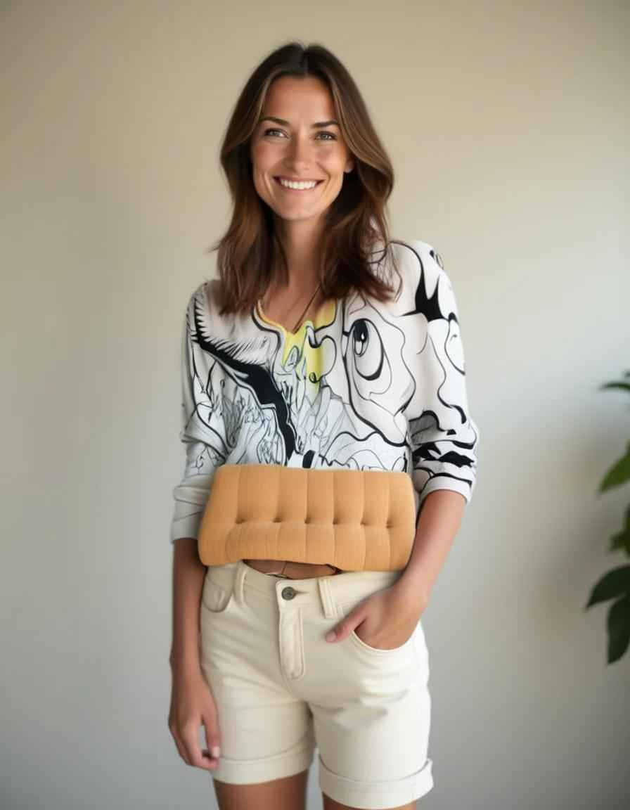 Smiling woman wearing a patterned sweater and white shorts, holding a tan cushion.