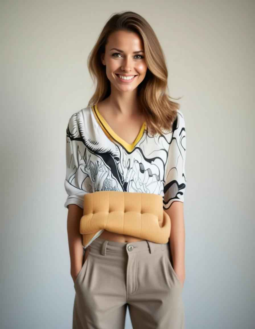 Smiling woman wearing a patterned top and beige trousers, holding a soft cushion.